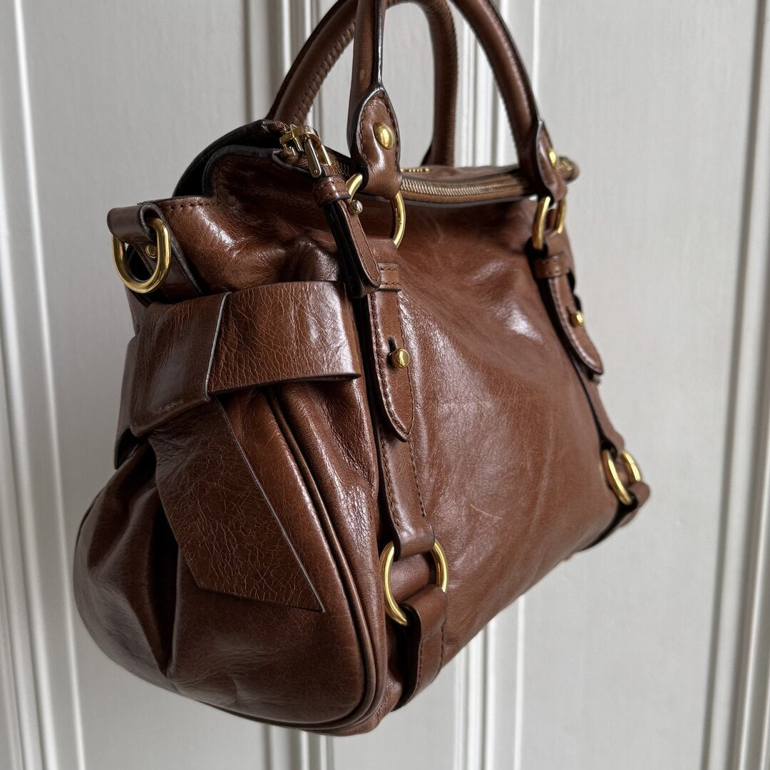 🔥 PreOwned Miu Miu Mini Vitello Lux Brown Leather Handbag 🔥