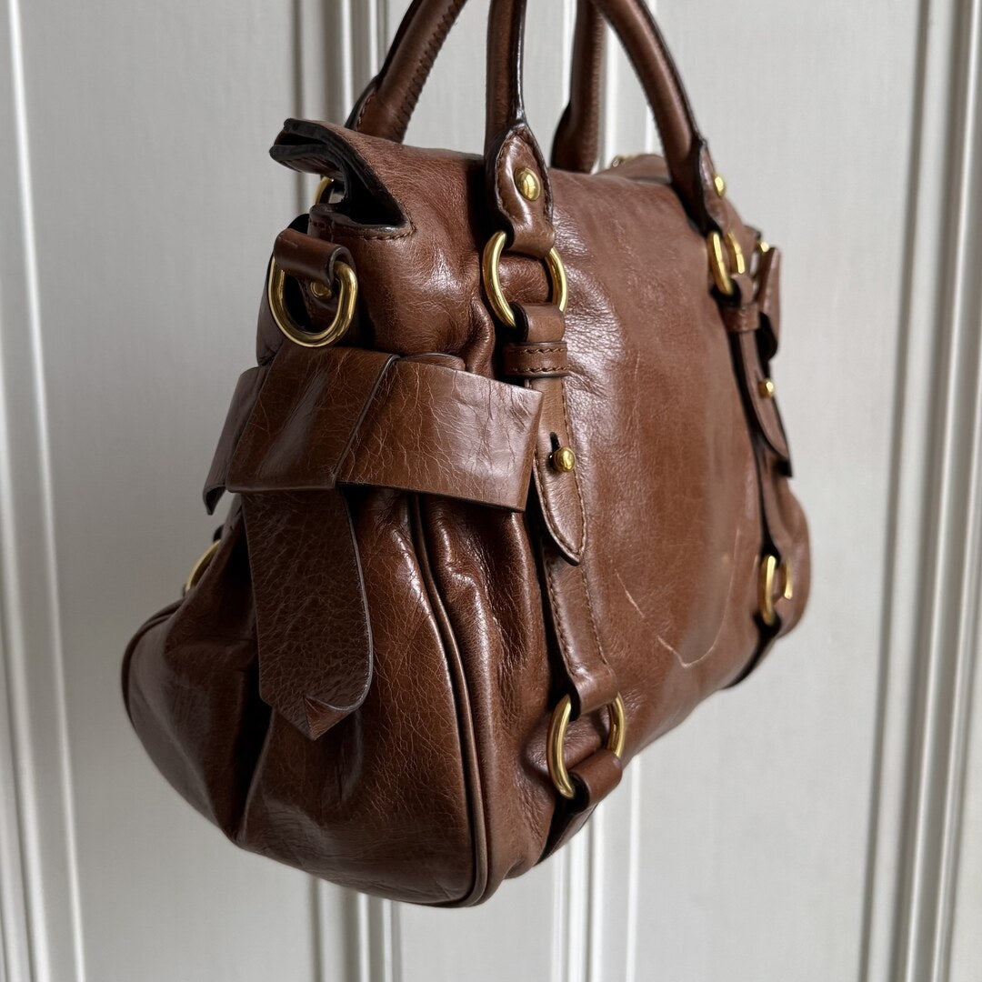🔥 PreOwned Miu Miu Mini Vitello Lux Brown Leather Handbag 🔥