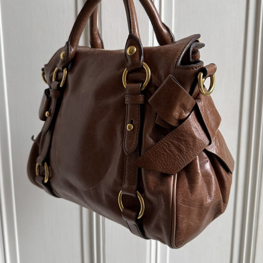 🔥 PreOwned Miu Miu Mini Vitello Lux Brown Leather Handbag 🔥