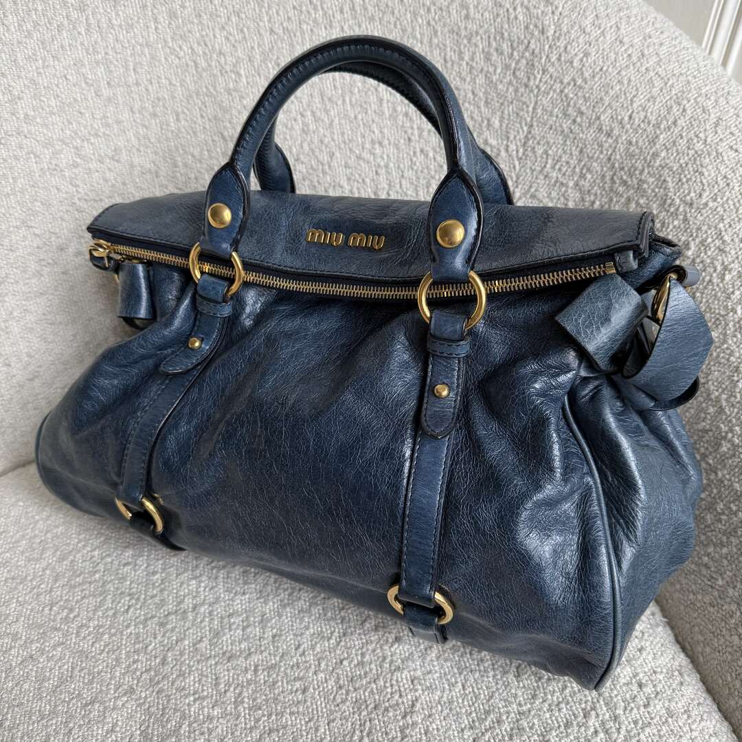 🔥 PreOwned Miu Miu Vitello Lux Blue Leather Handbag 🔥
