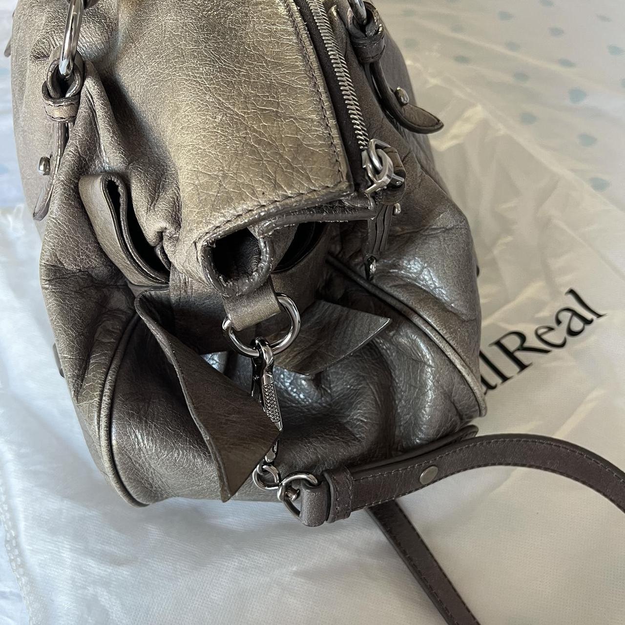 Authentic Grey Khaki Miu Miu Vitello Lux Bow Leather Bag With A Removable Strap And With Silver Hardware
