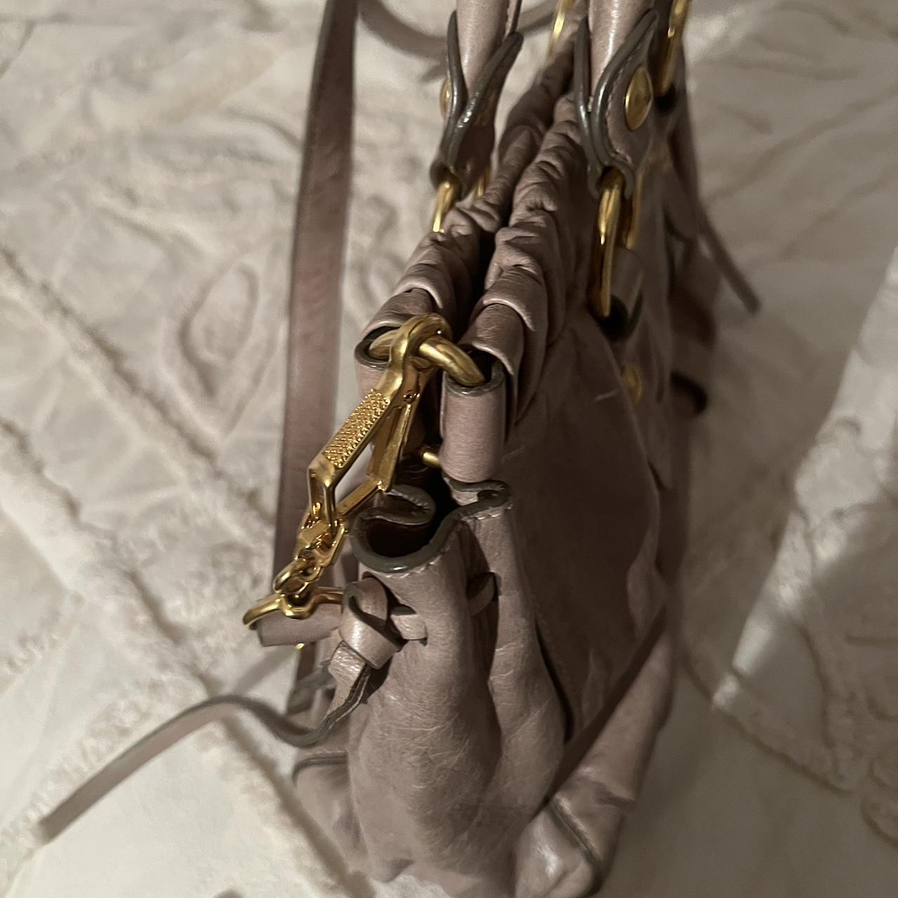 Authentic Grey Miu Miu Vitello Leather Bag With Gold Hardware And Removable Strap