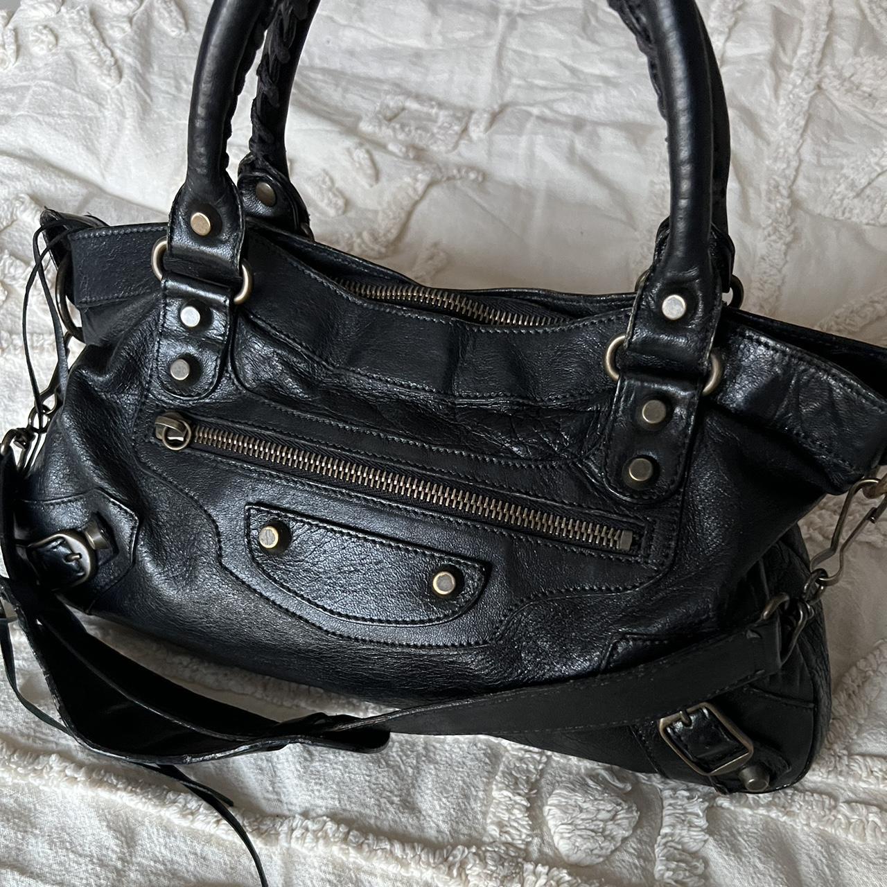Authentic Black Balenciaga First Bag With Brass Hardware And Shoulder Strap
