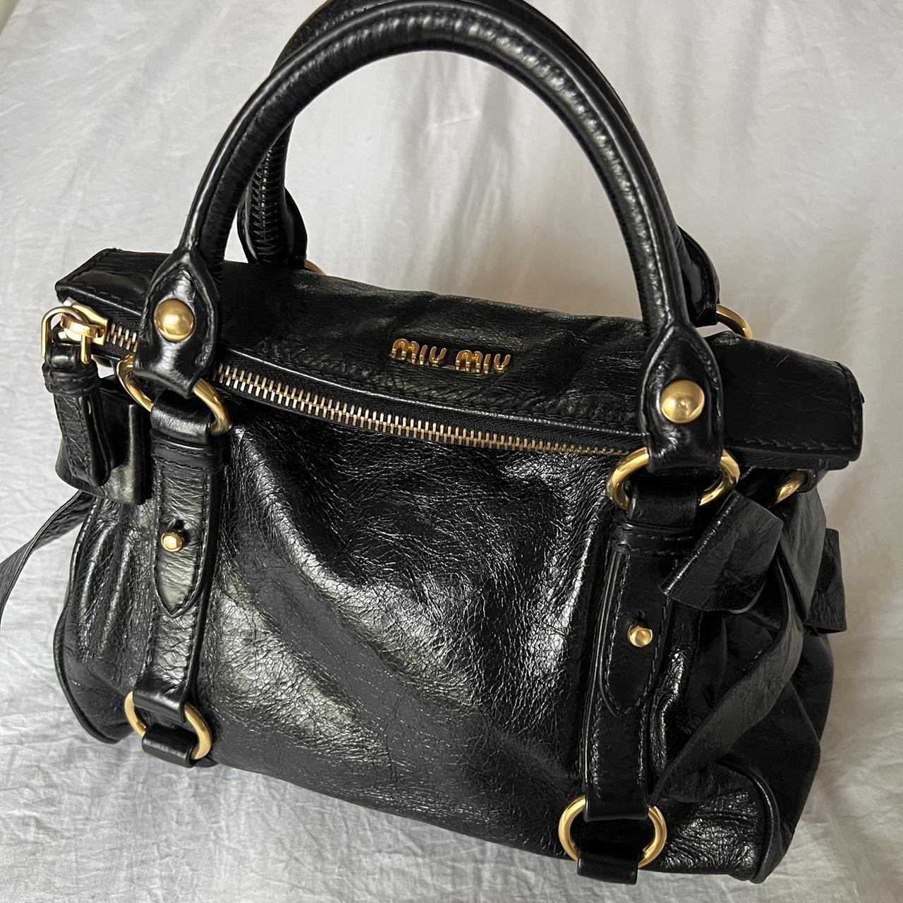 Authentic Black Mini Miu Miu Vitello Lux Leather Bow Bag With Gold Hardware