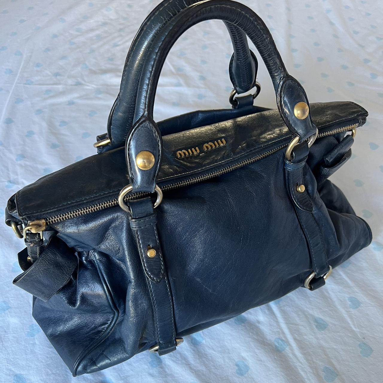 Authentic Navy Blue Miu Miu Vitello Lux Bow Leather Bag With Gold Hardware