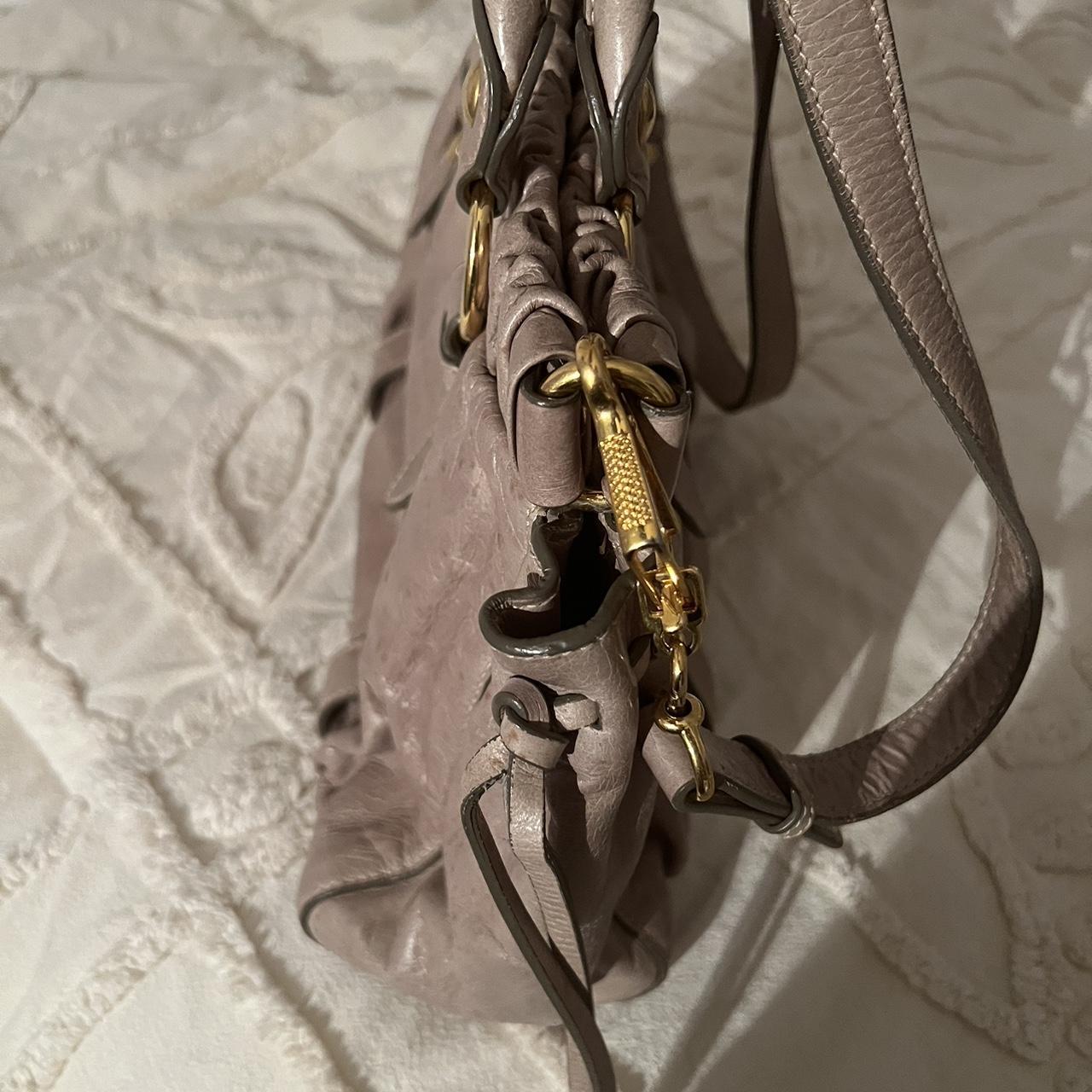 Authentic Grey Miu Miu Vitello Leather Bag With Gold Hardware And Removable Strap