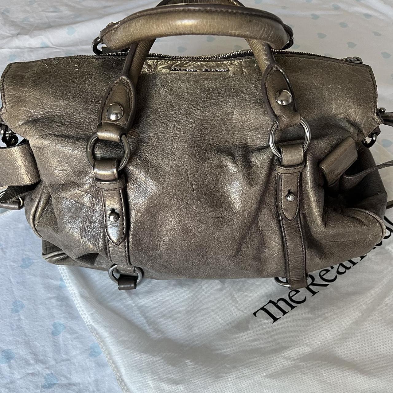 Authentic Grey Khaki Miu Miu Vitello Lux Bow Leather Bag With A Removable Strap And With Silver Hardware