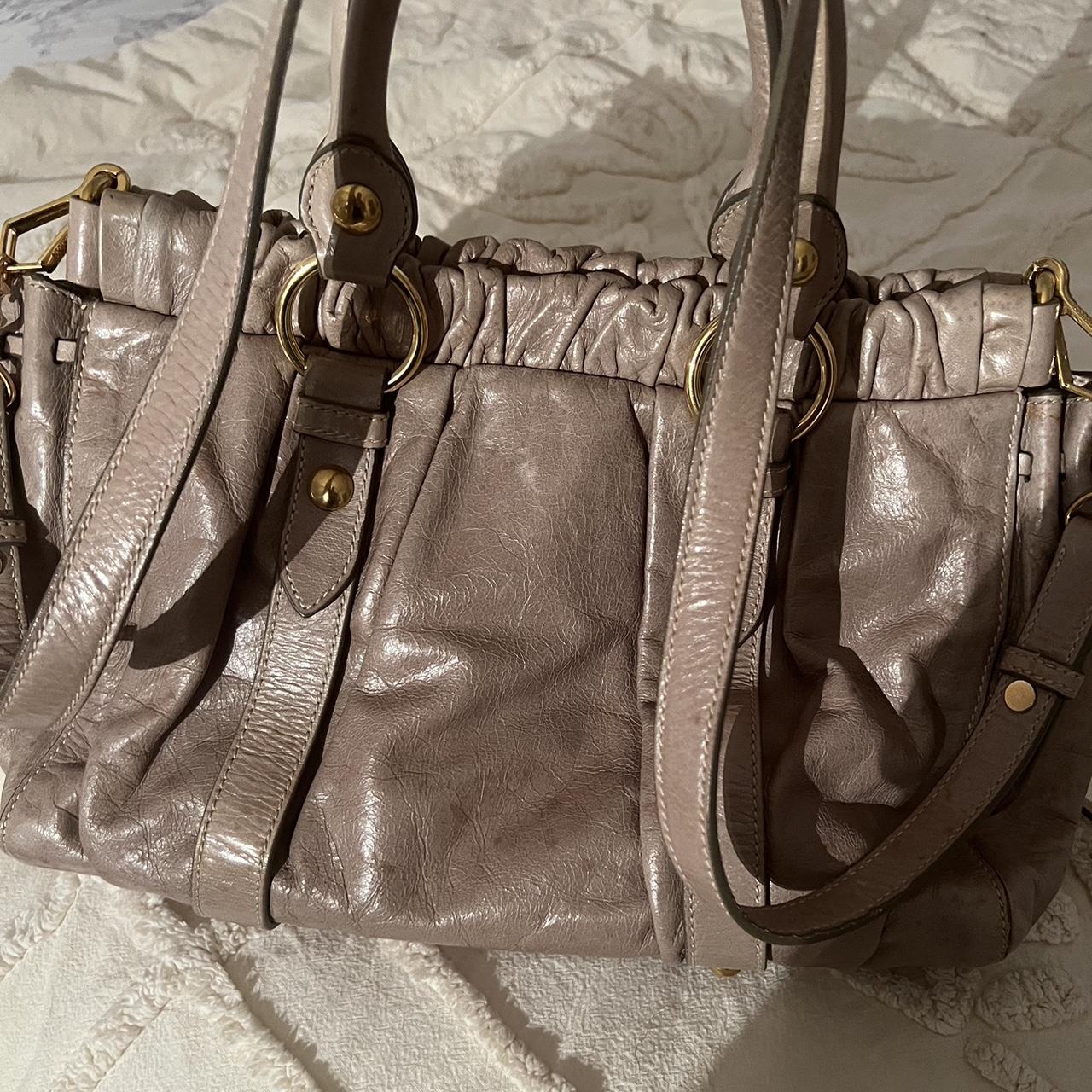 Authentic Grey Miu Miu Vitello Leather Bag With Gold Hardware And Removable Strap