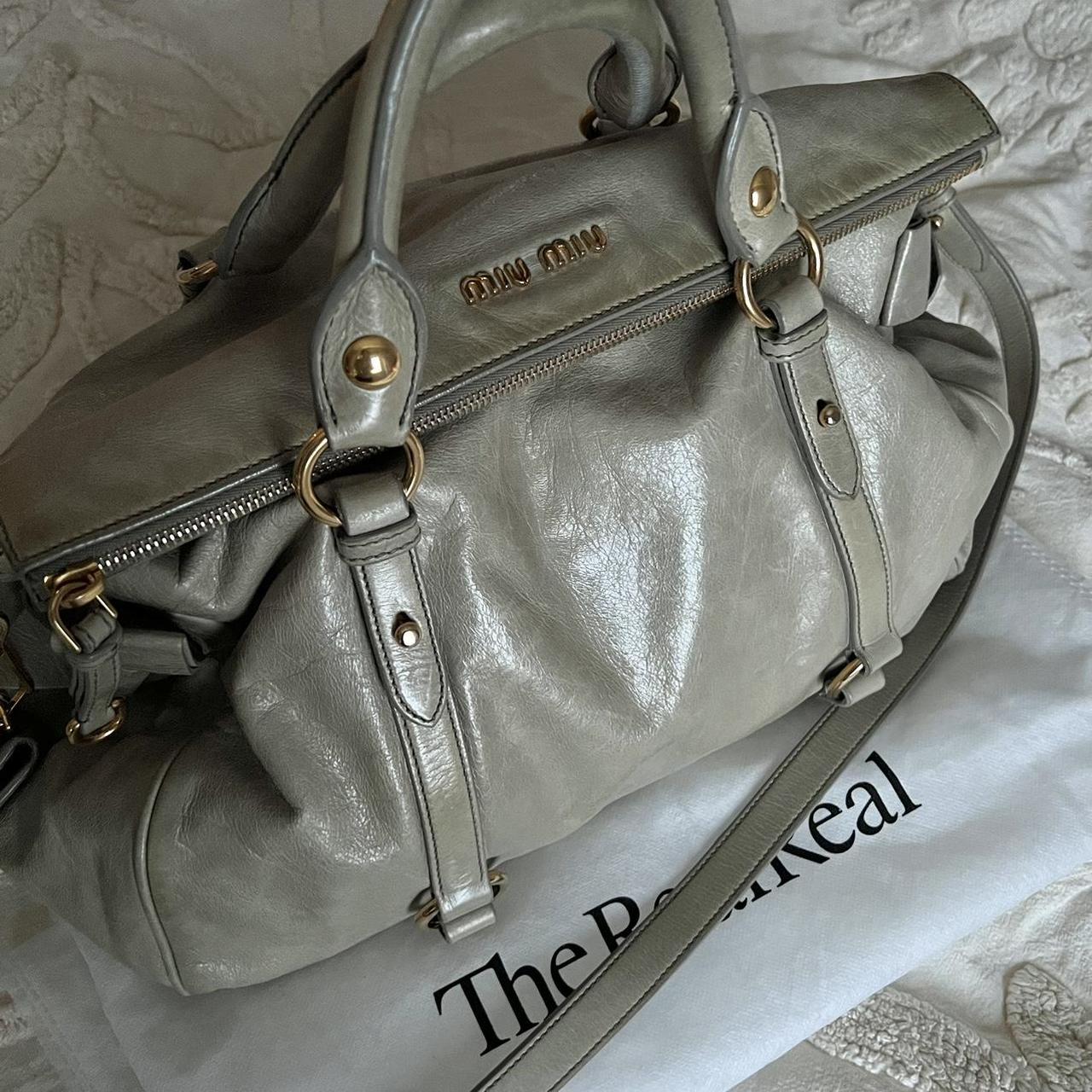 Authentic Grey Miu Miu Vitello Lux Bow Bag With Gold Hardware And Removable Strap