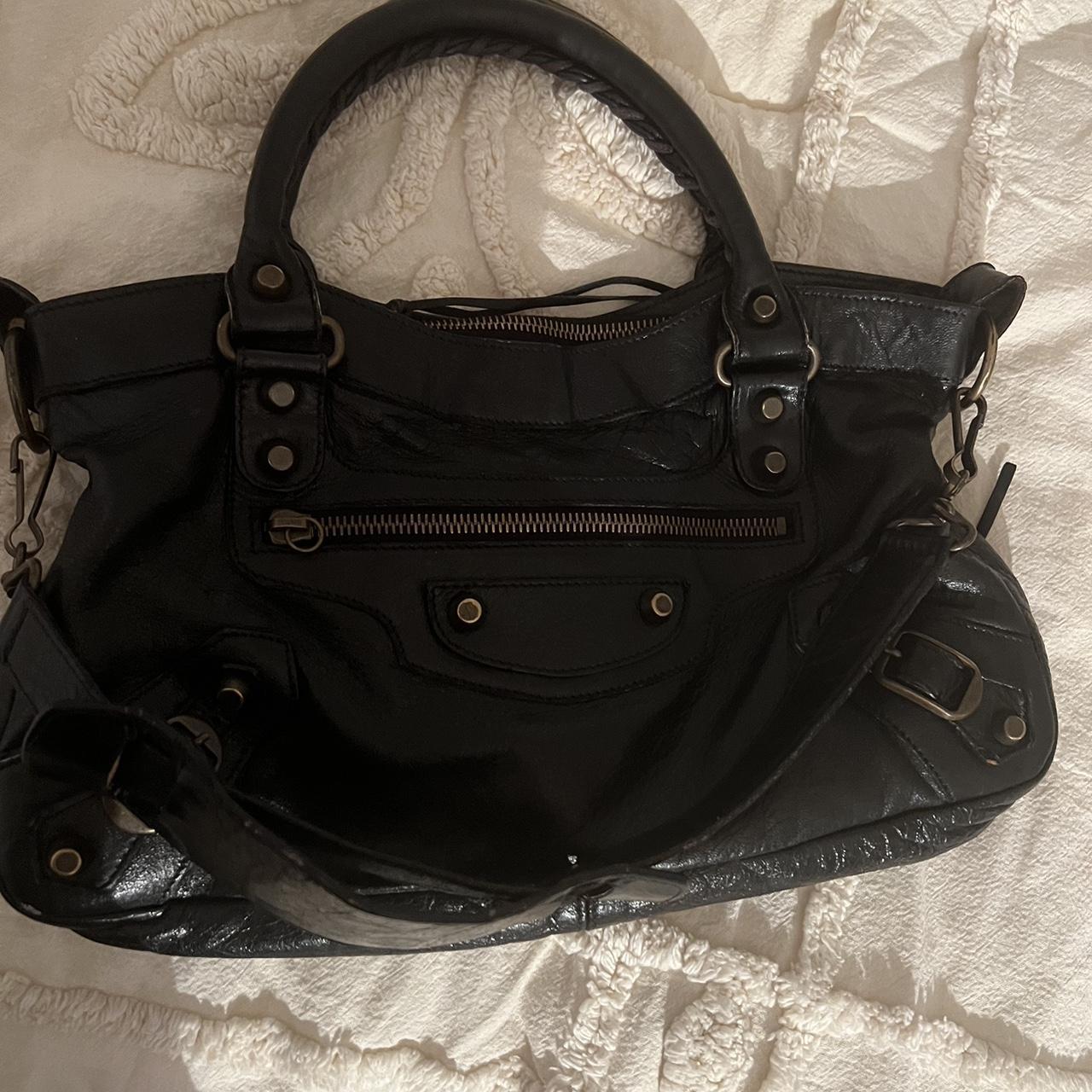 Authentic Black Balenciaga First Bag With Brass Hardware And Shoulder Strap