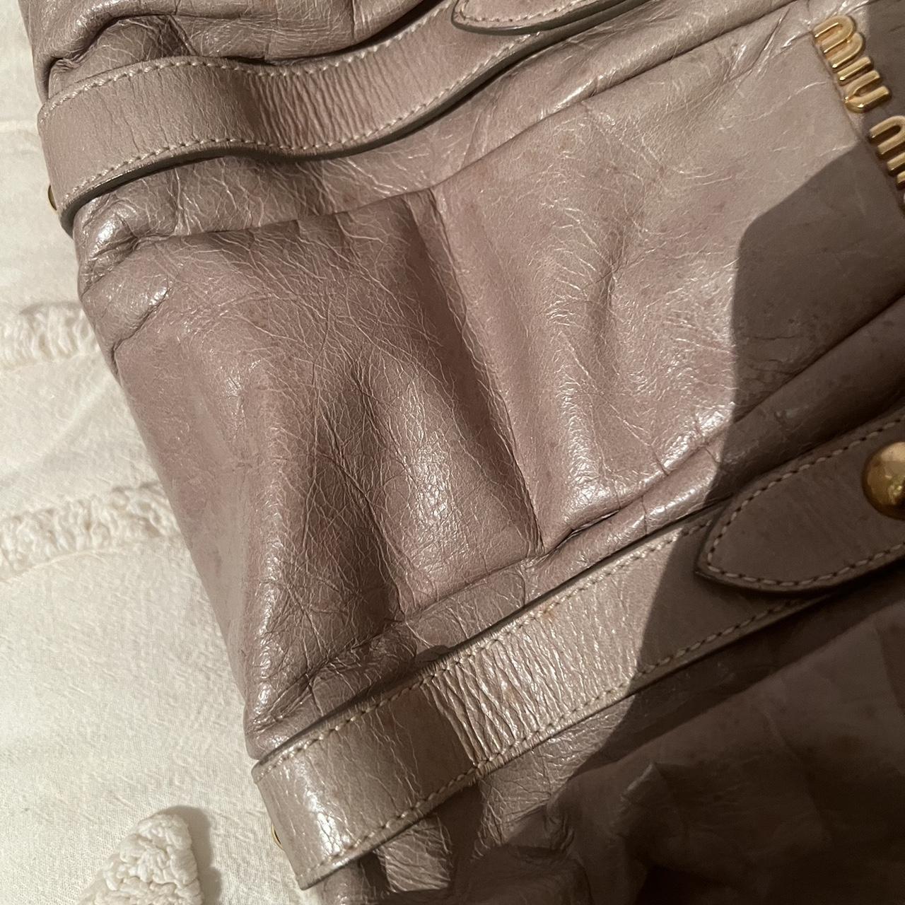 Authentic Grey Miu Miu Vitello Leather Bag With Gold Hardware And Removable Strap