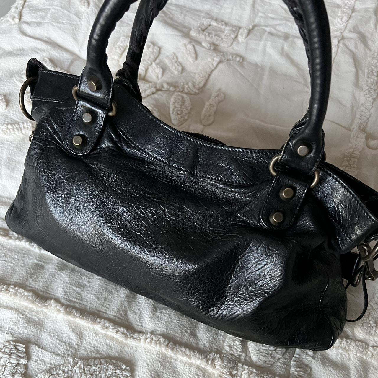 Authentic Black Balenciaga First Bag With Brass Hardware And Shoulder Strap