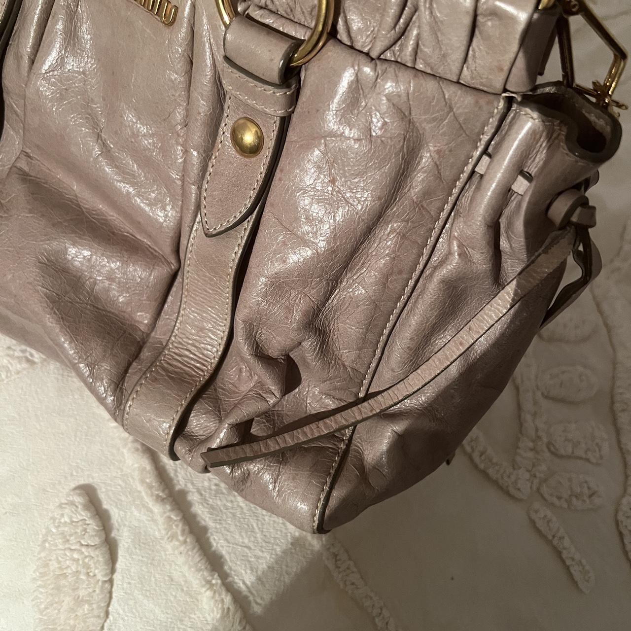 Authentic Grey Miu Miu Vitello Leather Bag With Gold Hardware And Removable Strap