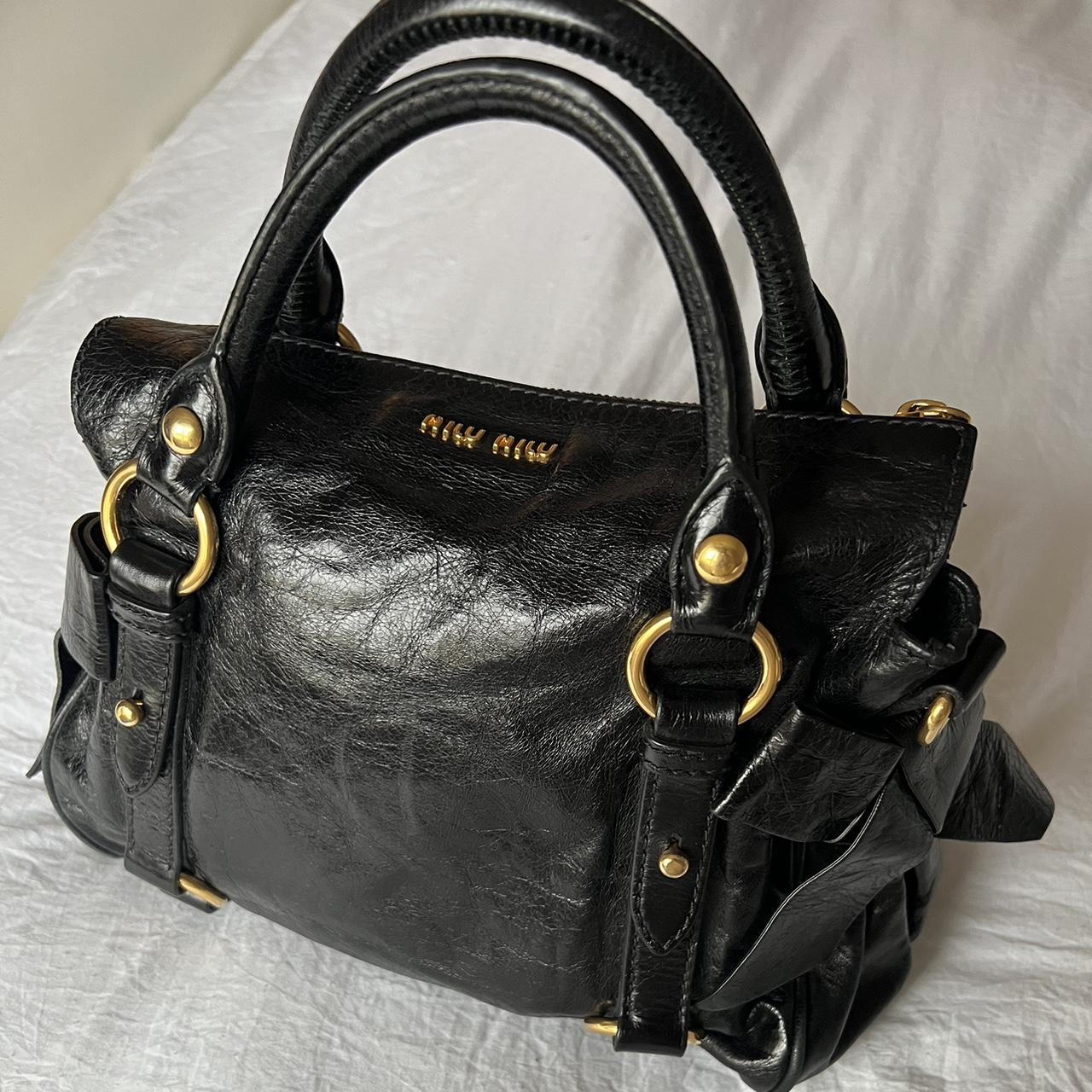 Authentic Black Mini Miu Miu Vitello Lux Leather Bow Bag With Gold Hardware