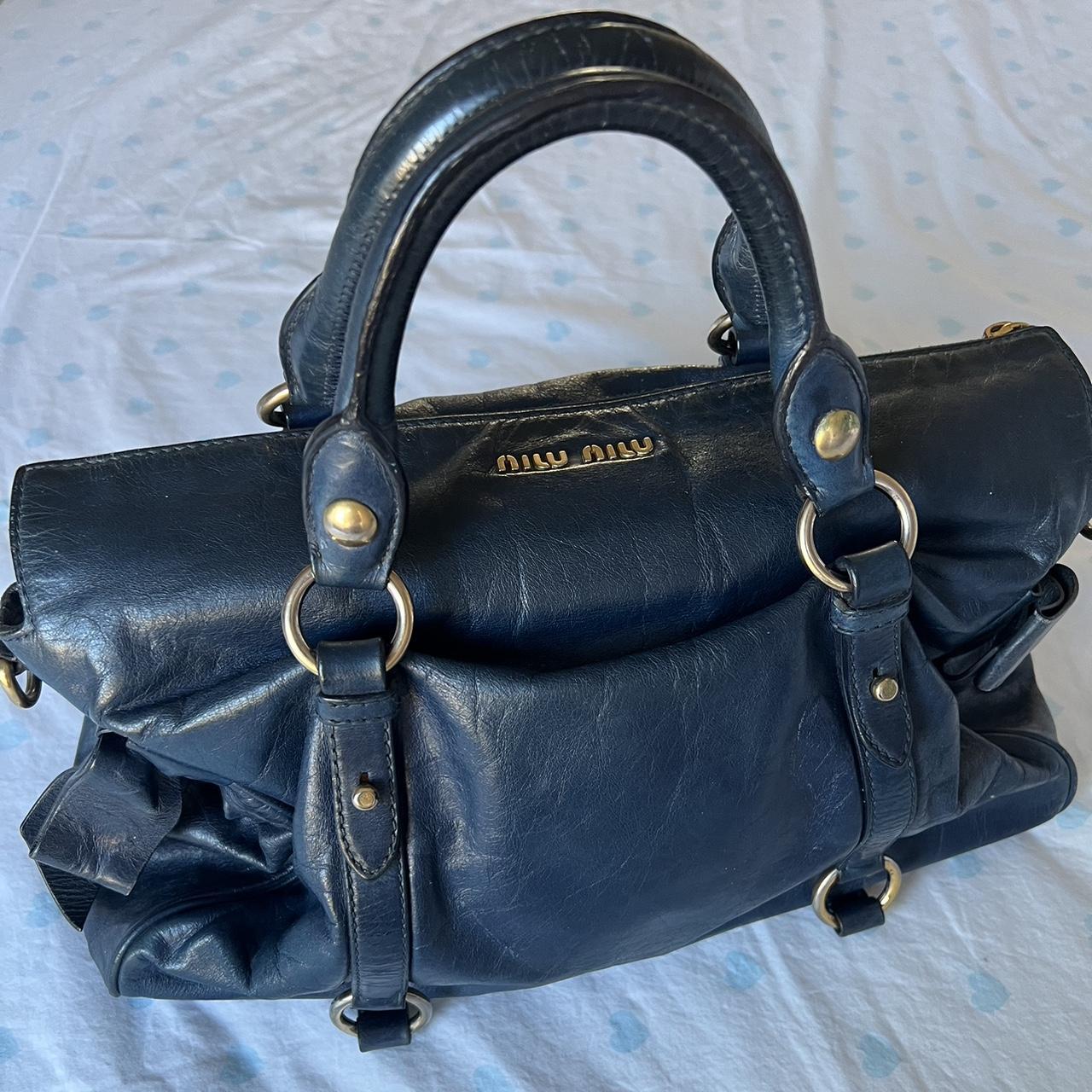 Authentic Navy Blue Miu Miu Vitello Lux Bow Leather Bag With Gold Hardware