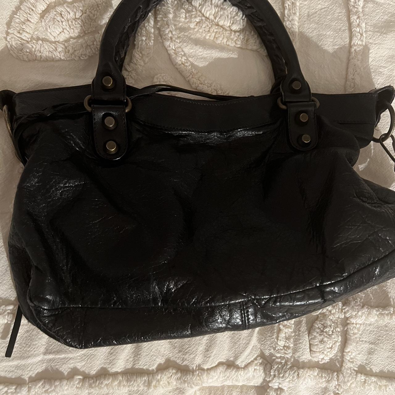 Authentic Black Balenciaga First Bag With Brass Hardware And Shoulder Strap