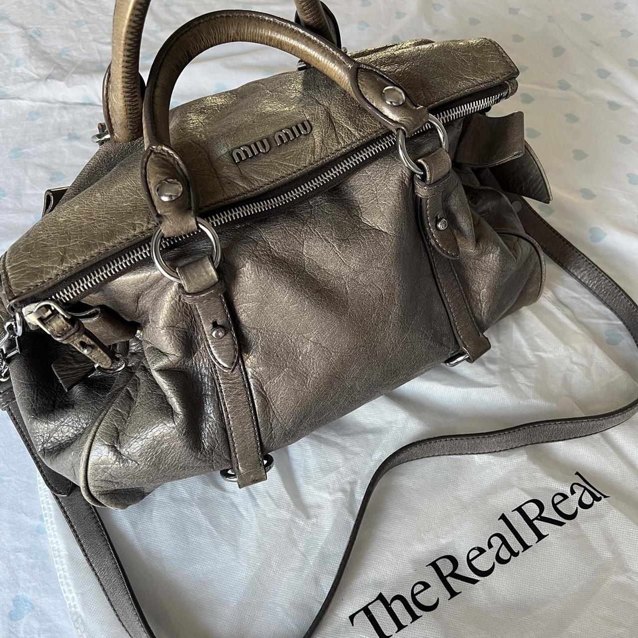 Authentic Grey Khaki Miu Miu Vitello Lux Bow Leather Bag With A Removable Strap And With Silver Hardware