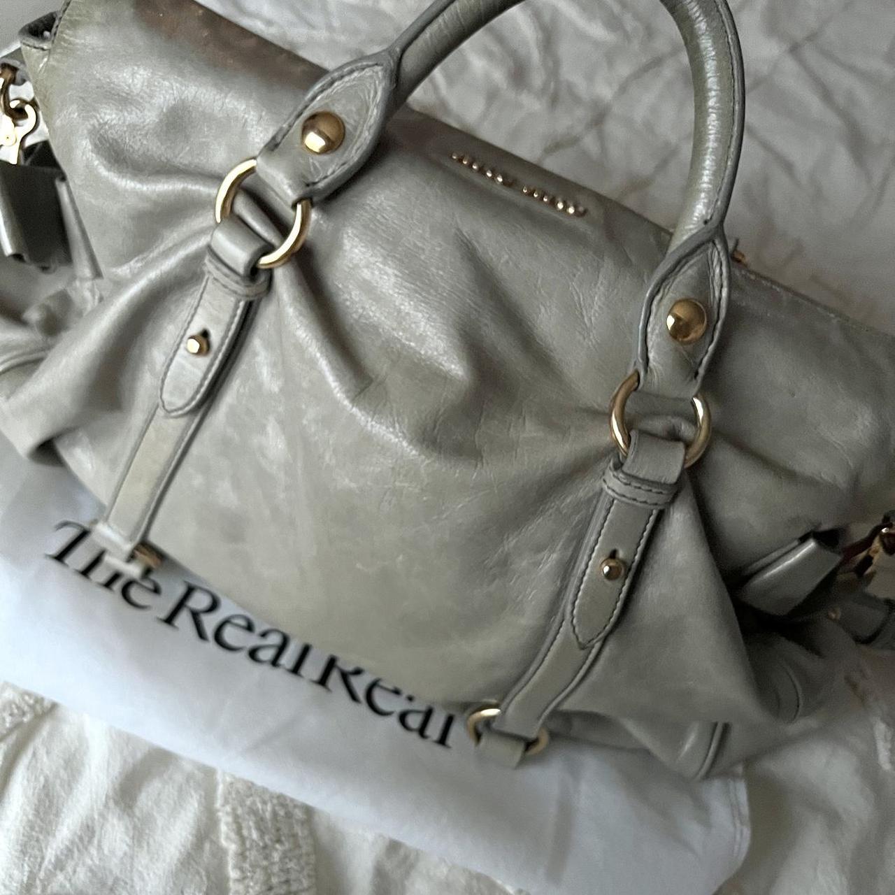 Authentic Grey Miu Miu Vitello Lux Bow Bag With Gold Hardware And Removable Strap