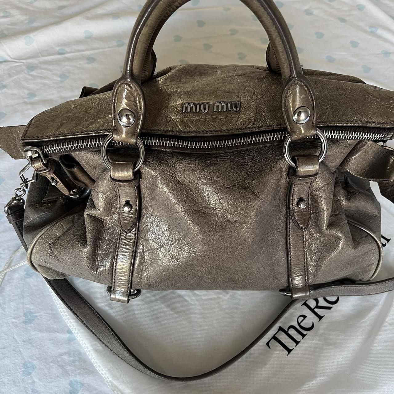 Authentic Grey Khaki Miu Miu Vitello Lux Bow Leather Bag With A Removable Strap And With Silver Hardware